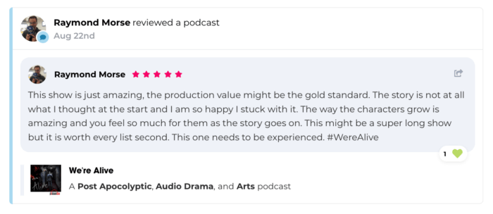 Raymond Morse review of We're Alive podcast on Podchaser