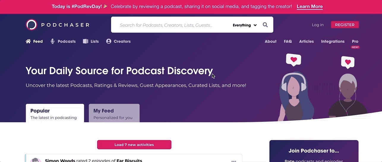 Gif of looking through Podchaser's website