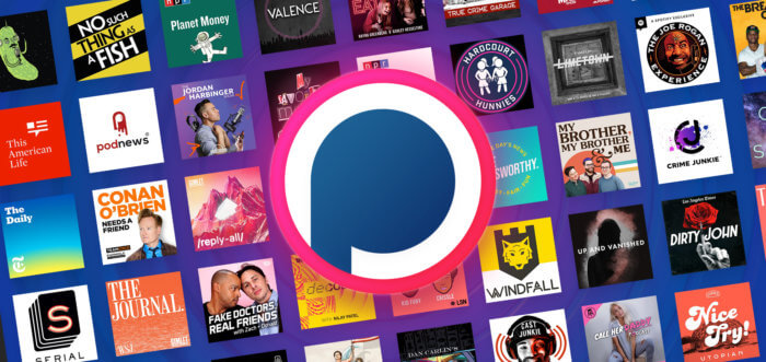 podchaser logo with podcast art logos behind 