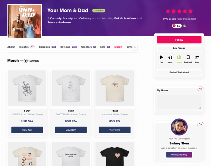 screenhot of your mom & dad podcast merch page on podchaser