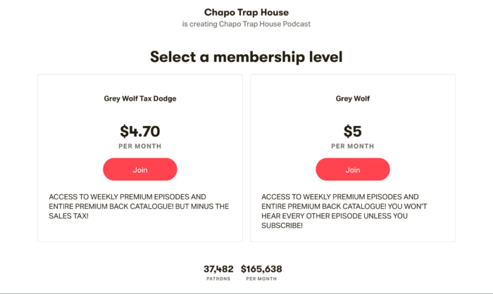 Screenshot from chapo trap house's patreon for podcast monetization