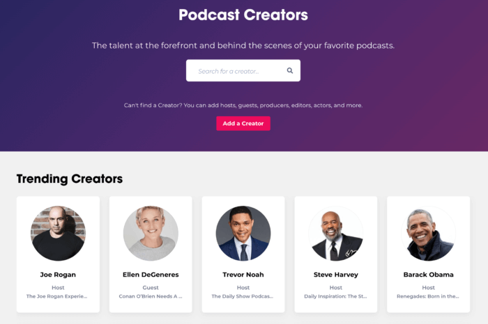 Screnshot of podcast creators page on Podchaser
