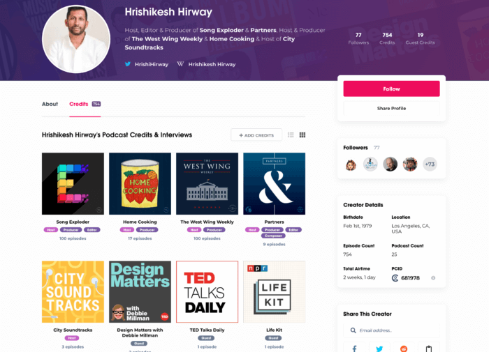 Screenshot of Hrishikesh Hirway's podcast credits on Podchaser
