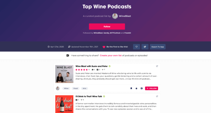 screenshot of top wine podcasts list