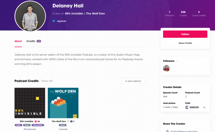 screenshot of delaney hall's podchaser creator page