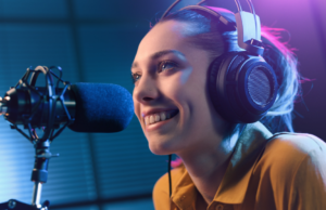 Female podcaster wearing professional headphones